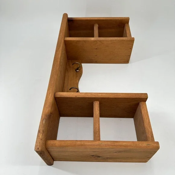VTG Handmade Rustic Wooden Wall Shelf with 4 Cubbies and 2 Brass Key Hooks Brown - Picture 6 of 10